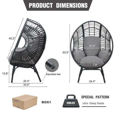 TQKVIPI Oversized Wicker Egg Chair, Outdoor Indoor Rattan Patio Egg Lounge Chairs with Cushion 500lbs Capacity for Living Room, Balcony, Backyard(Black) TQKVIPI