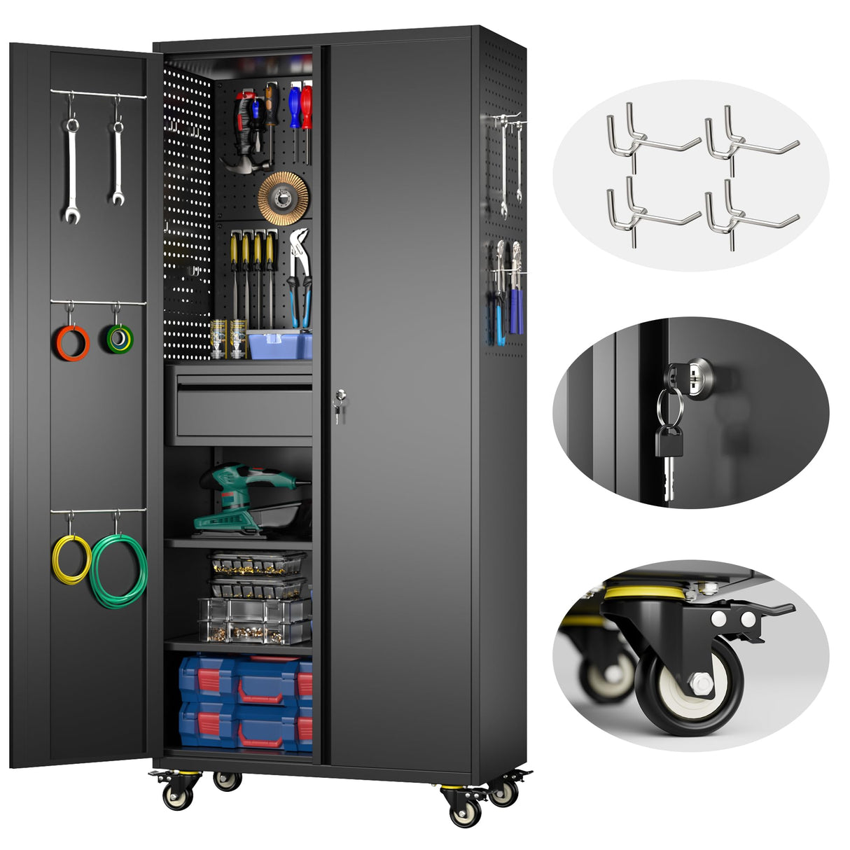 GLADIW Garage Storage Cabinet with Wheels, Metal Storage Cabinet with 1 Drawers and 2 Adjustable Shelves, Lockable Storage Cabinet with Pegboards for Homes, Offices, Kitchens, Schools and Pantries GLADIW