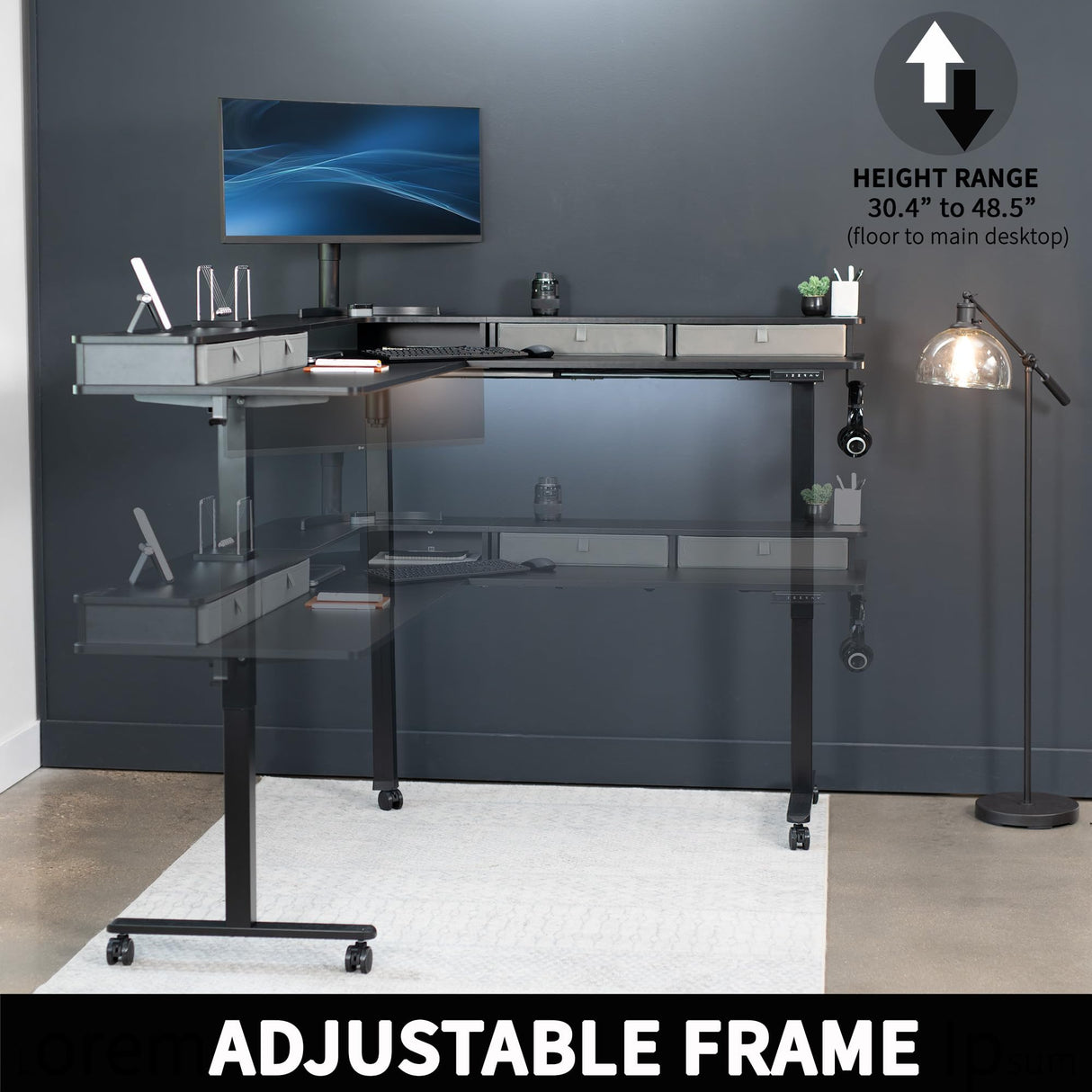 VIVO Electric 2-Tier Height Adjustable 75 x 63 inch Stand Up Corner Desk, L-Shaped Mobile Table with Memory Controller, Black Table Top, Black Frame, Dark Gray Storage Drawers, DESK-E3CVB-75 VIVO
