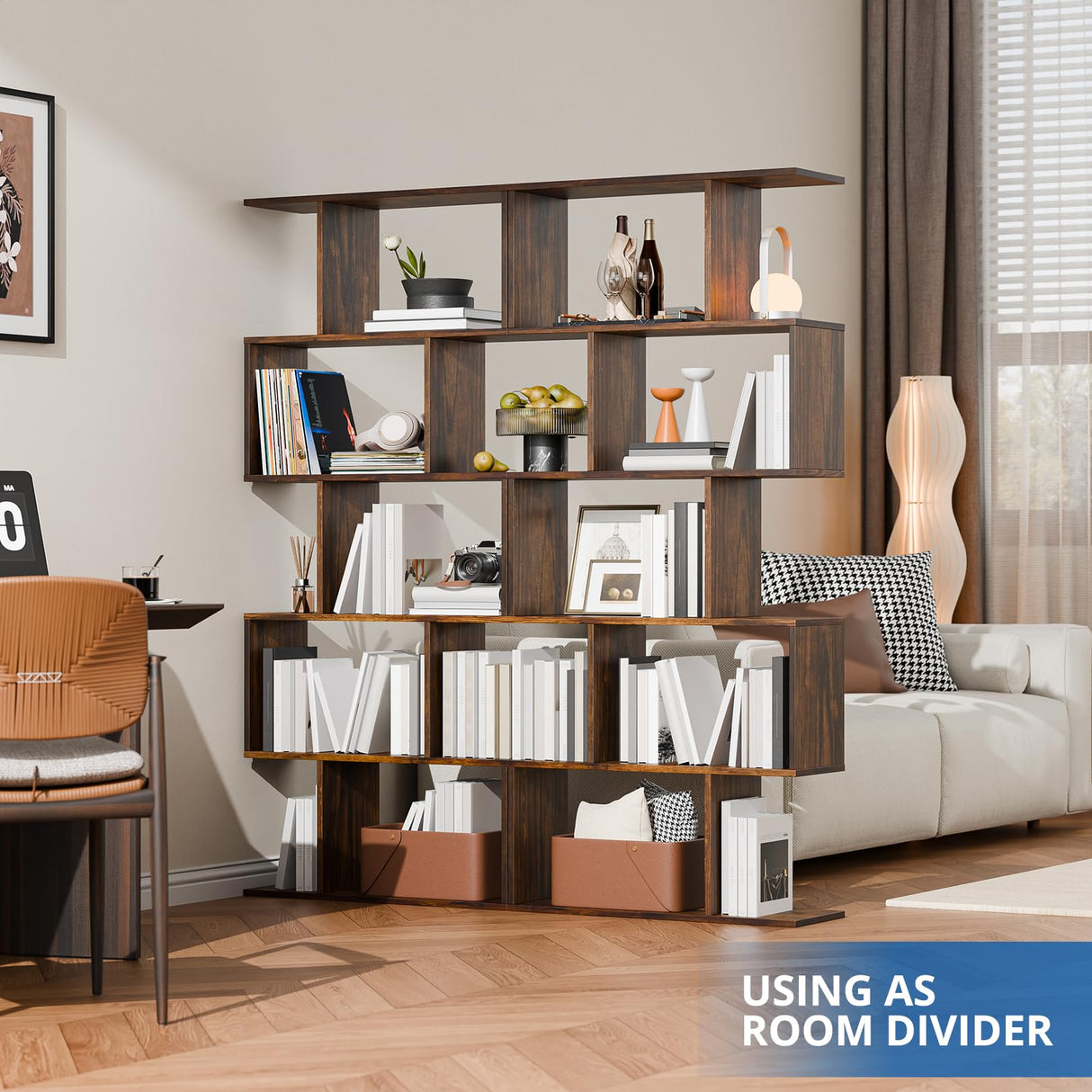 Cozy Castle Set of 2 Geometric Bookcase, S-Shaped Modern Bookshelf, Room Divider Bookshelf, 62" Tall Unique Abstract Bookcase with 5-Tier Display Shelf for Living Room Office, Rustic Brown Cozy Castle