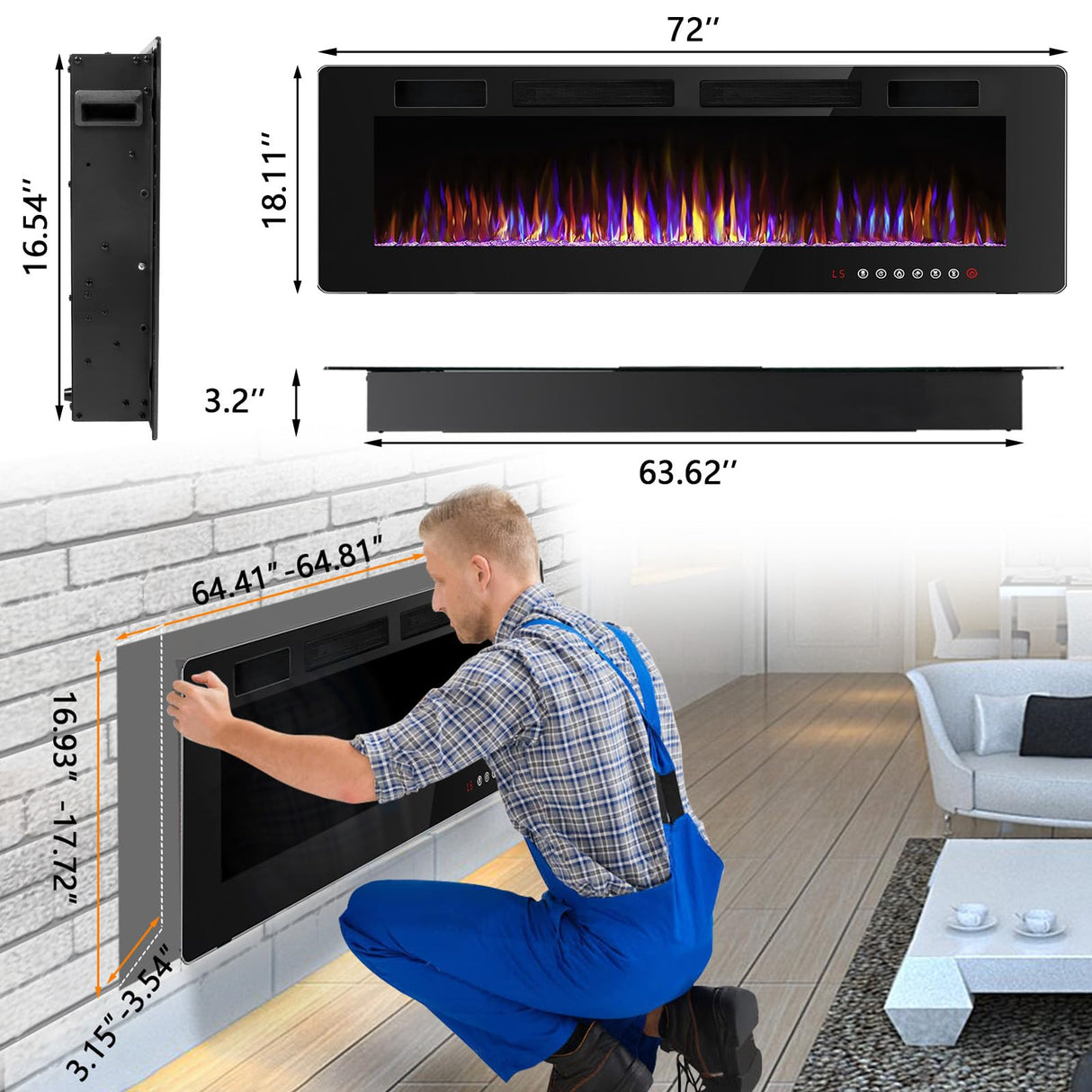 BOSSIN 72 inch Ultra-Thin Silence Linear Electric Fireplace, Recessed Wall Mounted Fireplace,750w/1500w, 12 Adjustable Flame Color & Speed,with Timer/Touch Screen Remote BOSSIN