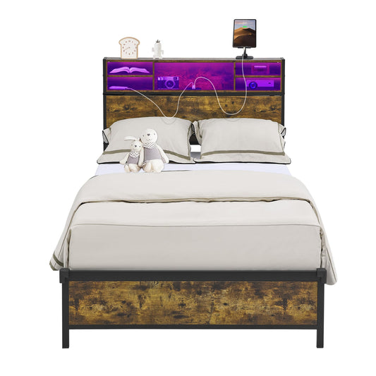 Whalefall Twin Bed Frame with Bookcase Headboard, Charging Station & RGB LED Lights - WoodArtSupply