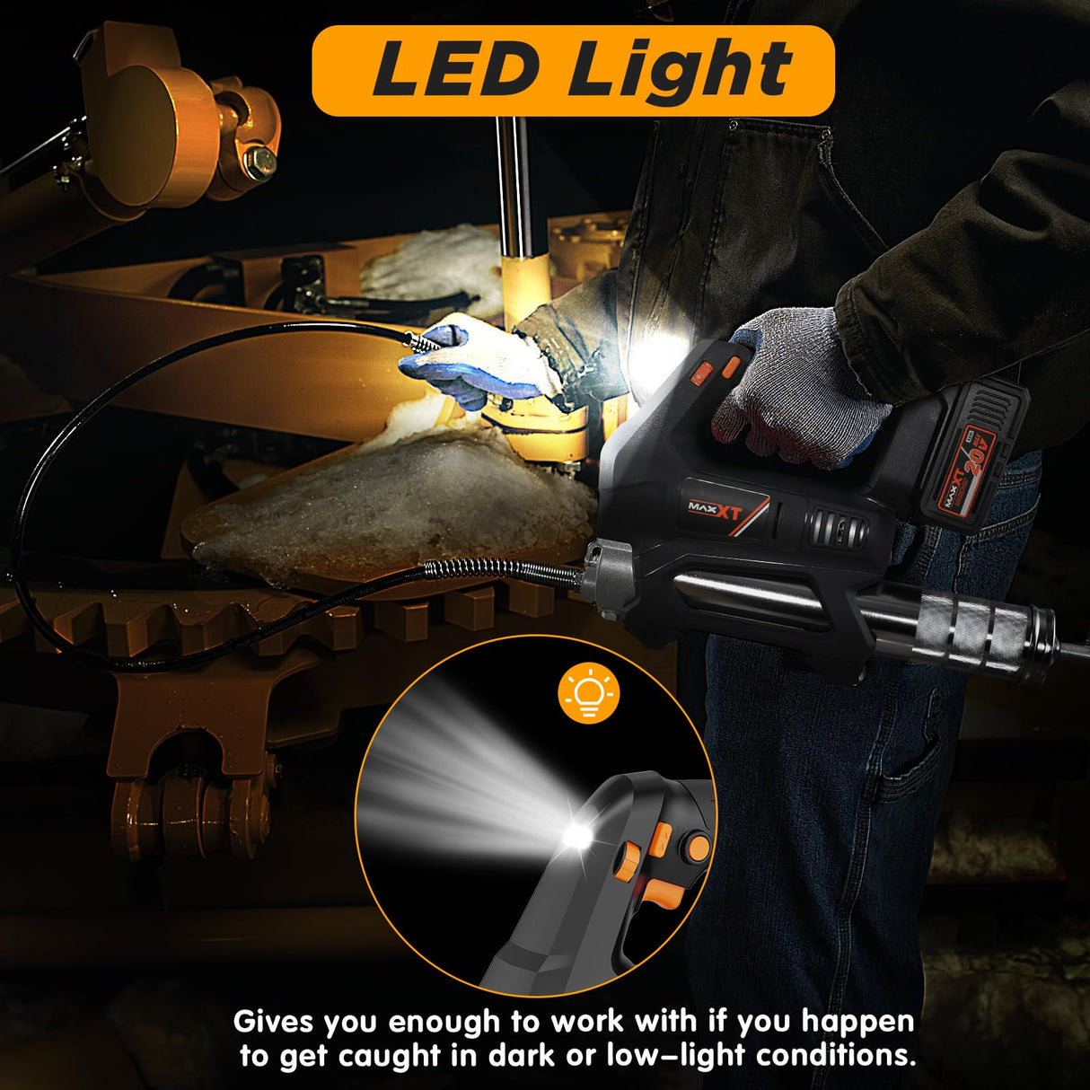 MAXXT Heavy Equipment Grease Gun Cordless, Max 20000 PSI 20V Grease Gun Battery Powered with 4.0Ah Battery and Quick Charger, 40” Long Hose and LED Light, 6 Speed Electric Grease Gun MAXXT