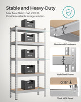 SONGMICS 5-Tier Storage Shelves, Load 2310 lb, Garage Storage, Boltless Assembly, Adjustable Shelving Unit, 11.8 x 29.5 x 59.1 Inches, for Study Shed Basement, Silver and Natural Beige UGLR300E01 SONGMICS