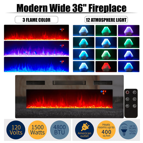 AMERLIFE Fireplace TV Stand with 36" Fireplace, 70" Modern High Gloss Fireplace Entertainment Center LED Lights, 2 Tier TV Console Cabinet for TVs Up to 80", Obsidian Black AMERLIFE