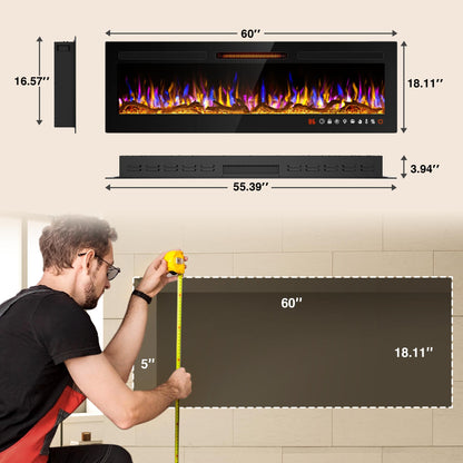 ALPACA 60" Slim Electric Fireplace Recessed and Wall Mounted,Wall Fireplace and Freestanding Linear Fireplace, with Remote Control,13 Adjustable Flame Color and 5 Brightness, 750W/1500W