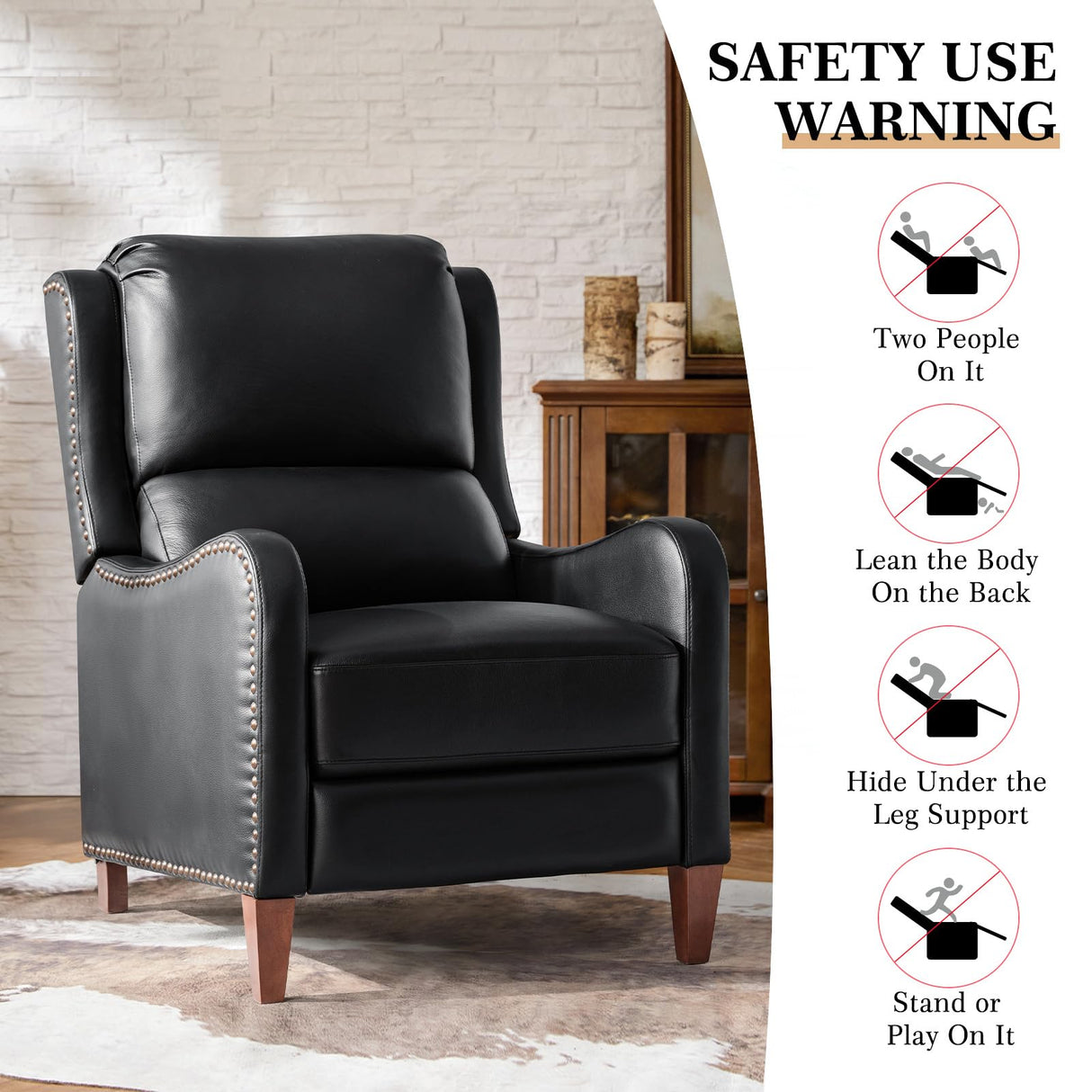 HULALA HOME Leather Recliner Chair, Modern Push Back Recliner Chair with Adjustable Backrest & Footrest, Casual Single Leather Sofa, Comfy Upholstered Club Chair for Living Room, Bedroom, Black HULALA HOME