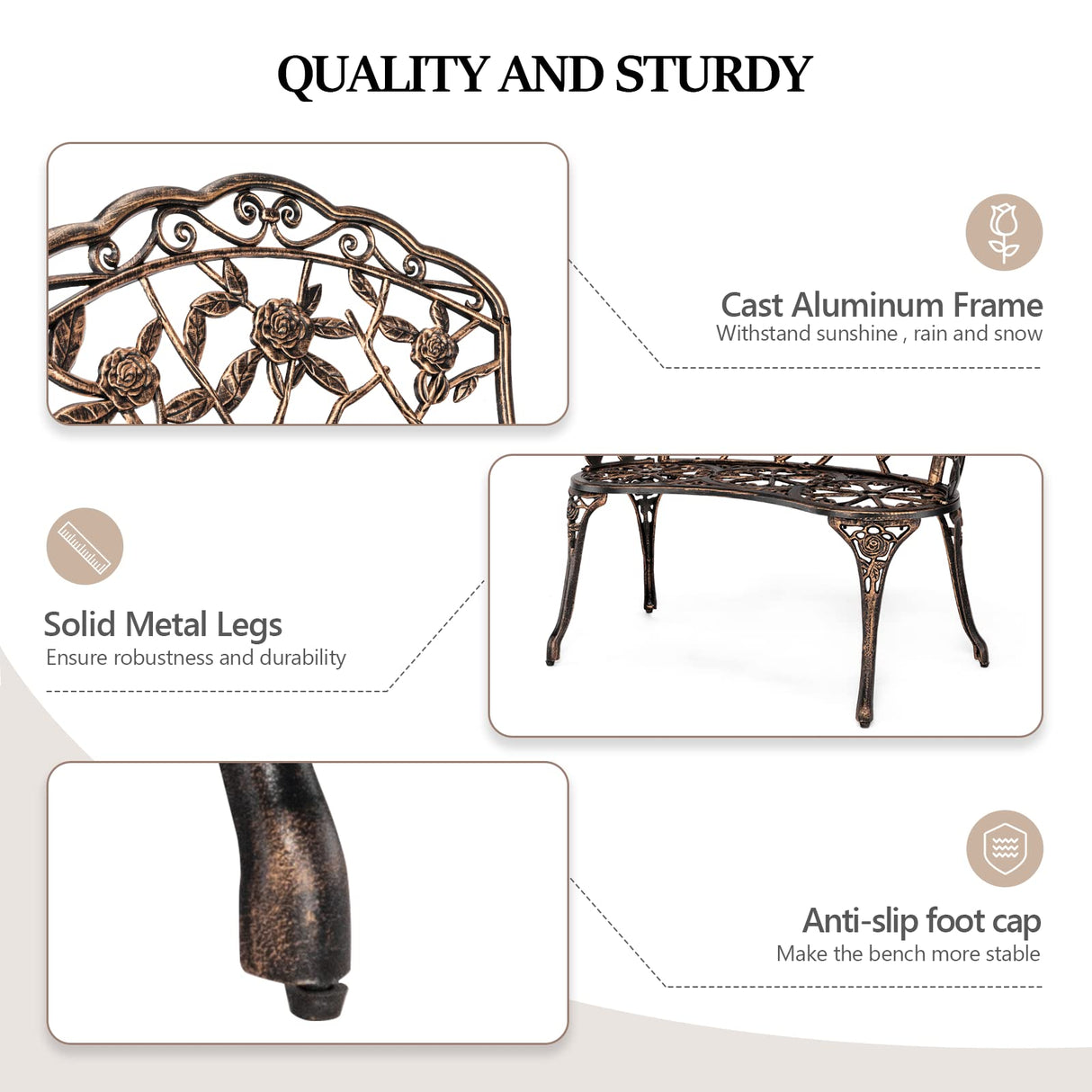 VINGLI 38.5" Patio Park Garden Outdoor Metal Rose Bench,Cast Iron Cast Aluminium Frame Antique Finish Chair,Accented Lawn Front Porch Path Yard Decor Deck Furniture for 2 Person Seat（Bronze VINGLI