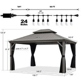 PURPLE LEAF 12' x 14' Hardtop Gazebo with String Lights Galvanized Steel Double Roof Gazebo with Aluminum Frames Outdoor Large Pavilion Gazebo for Patio Deck Garden, Light Grey PURPLE LEAF