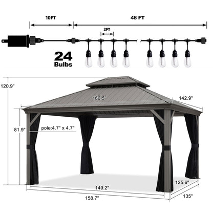 PURPLE LEAF 12' x 14' Hardtop Gazebo with String Lights Galvanized Steel Double Roof Gazebo with Aluminum Frames Outdoor Large Pavilion Gazebo for Patio Deck Garden, Light Grey - WoodArtSupply