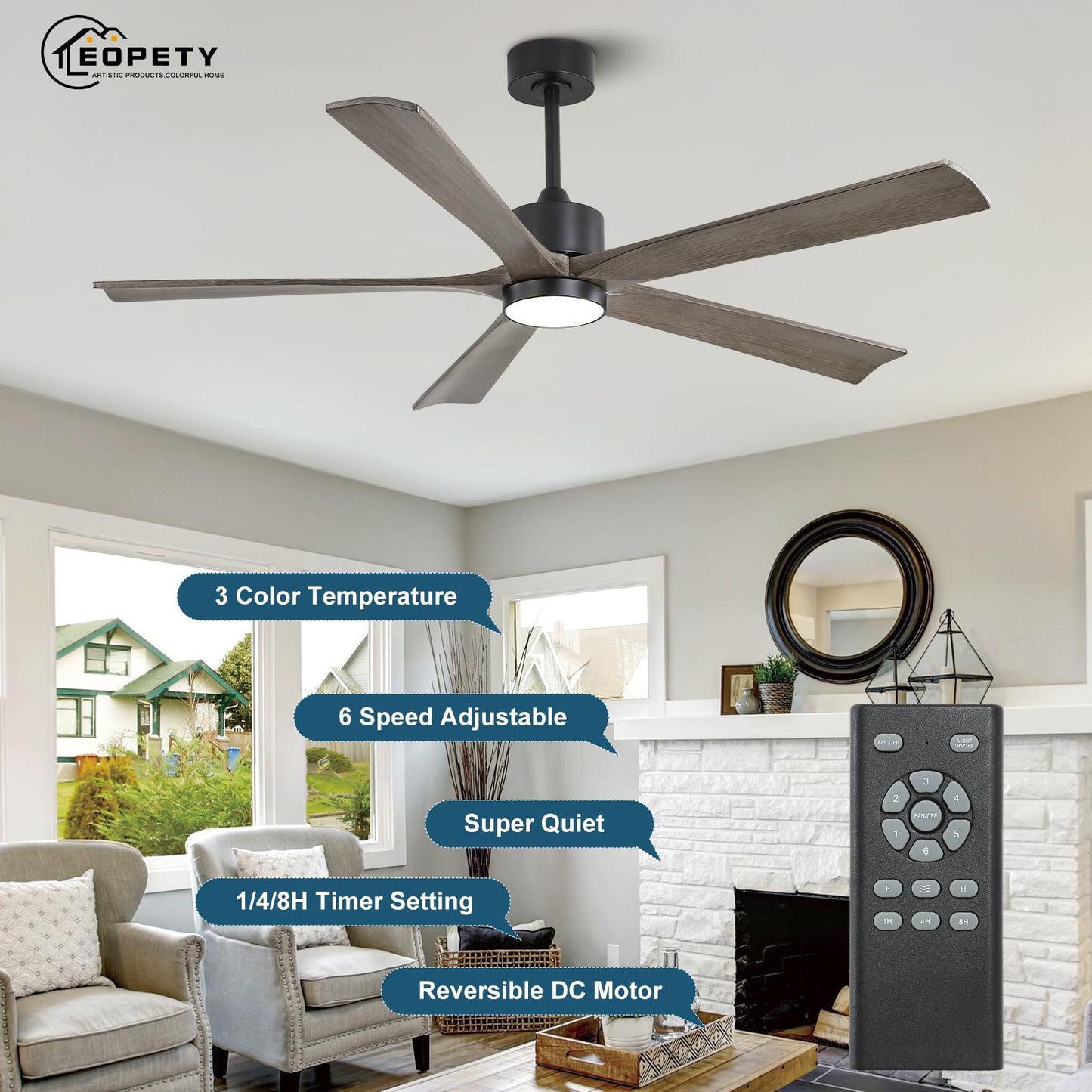 EOPETY 60" Solid Wood Ceiling Fan with Lights and Remote Control, 5 Blade Wood Ceiling Fan with Light for Outdoor Patio Bedroom, 6 Speeds,Timing,Quiet Reversible DC Motor, Grey, Lighted Ceiling Fan