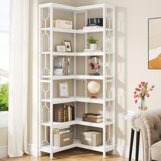 Tribesigns 7-Tier White Industrial Corner Bookshelf - Freestanding Etagere for Home and Office - WoodArtSupply