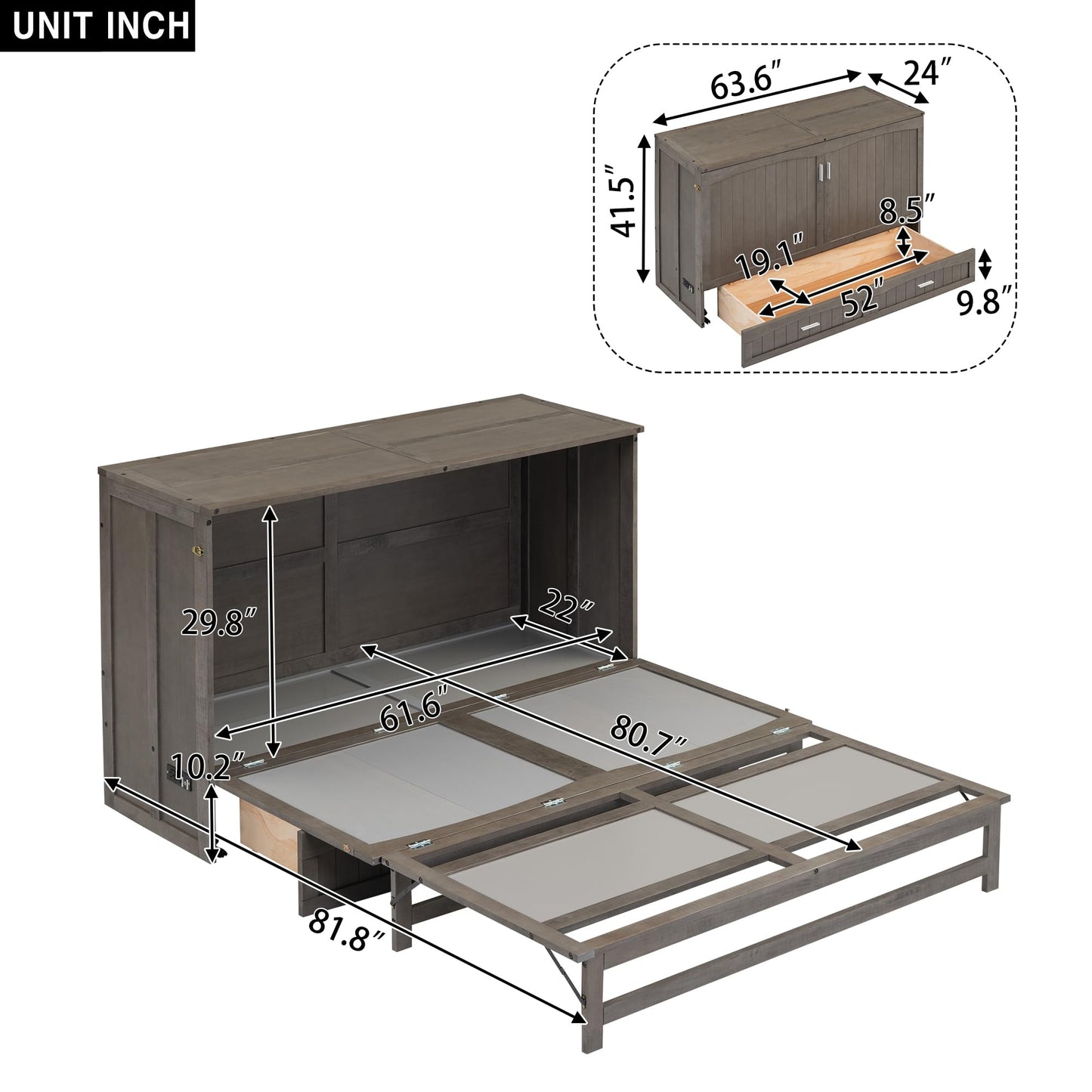 Queen Size Murphy Bed with Charging Station and Storage Drawer in Antique Gray - WoodArtSupply