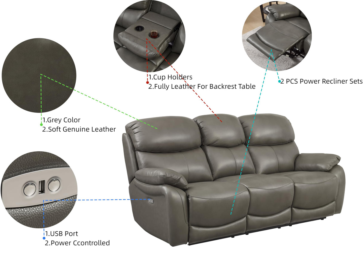 THSUPER Power Genuine Leather Recliner Sofa Couch with USB Port, Reclining Sofas Living Room Furniture, 3-Seats Couches with Cup Holders, Grey THSUPER