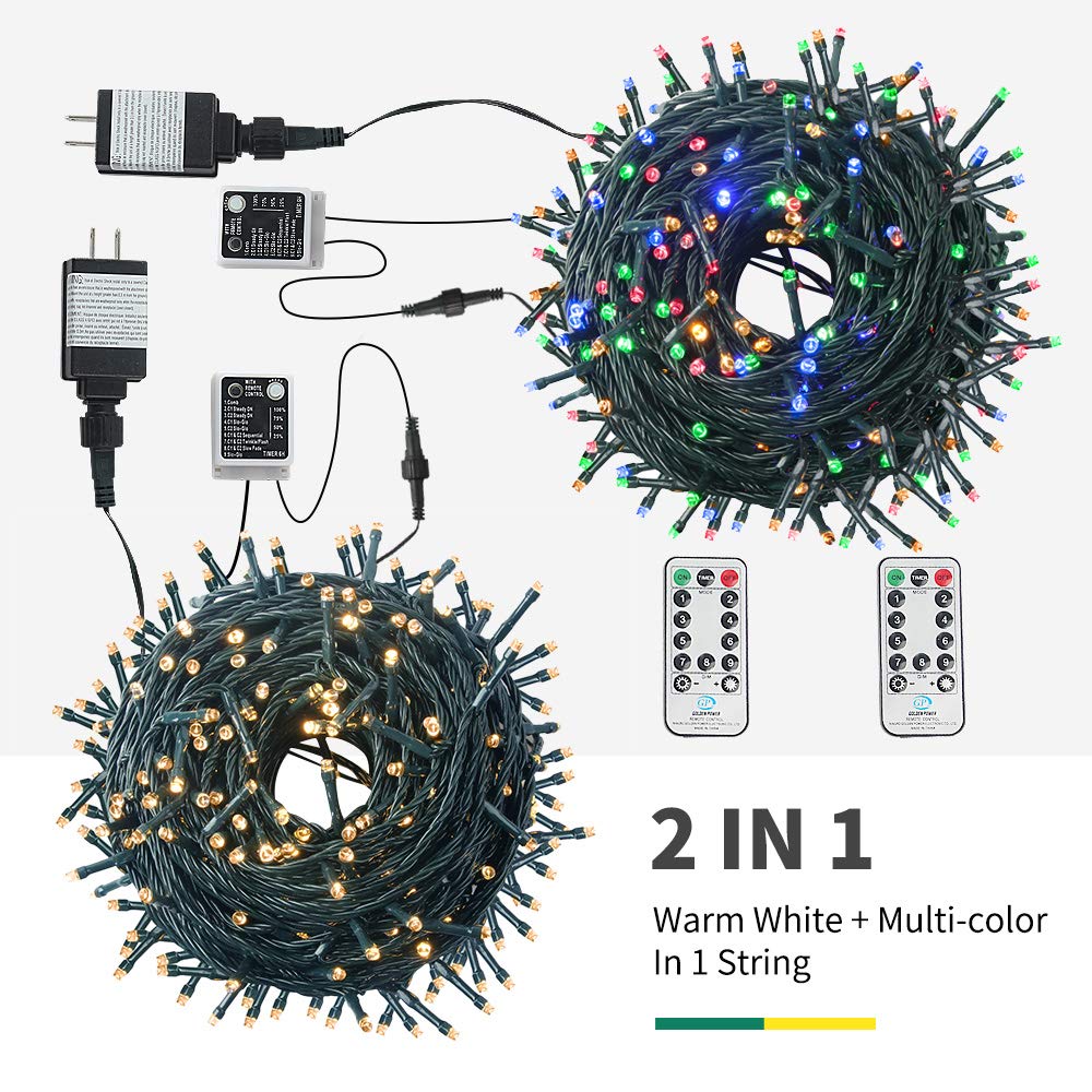 MZD8391 Color Changing Christmas String Lights Outdoor Indoor, 108FT 300 LED Warm White Multicolor Fairy Lights, END to END Connect, Waterproof Christmas Tree Lights Timer Remote MZD8391
