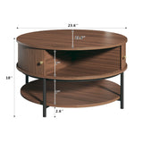 HUAHUU 31.5" Round Coffee Table with Storage, Mid Century Modern Coffee Table with Sliding Cabinet Door, Round Metal Legs, 3-Tier Small Round Coffee Tables for Living Room, Walnut HUAHUU