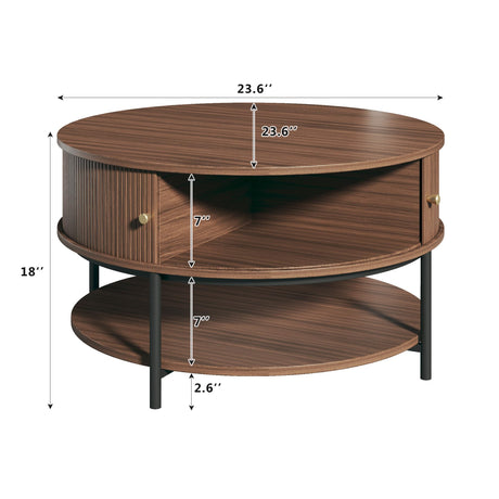 HUAHUU 31.5" Round Coffee Table with Storage, Mid Century Modern Coffee Table with Sliding Cabinet Door, Round Metal Legs, 3-Tier Small Round Coffee Tables for Living Room, Walnut HUAHUU