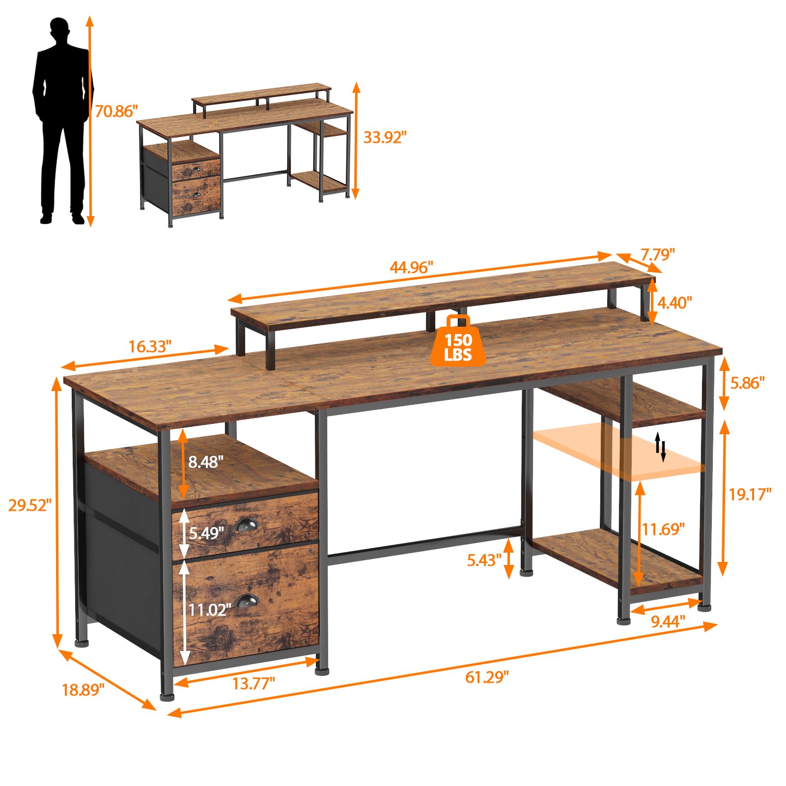 Furologee 61" Desk with Fabric File Drawer, Reversible Computer Desk with Shelves and Drawer, Industrial Writing Desk with Monitor Stand, Long Study Table Workstation for Home Office, Rustic  - WoodArtSupply