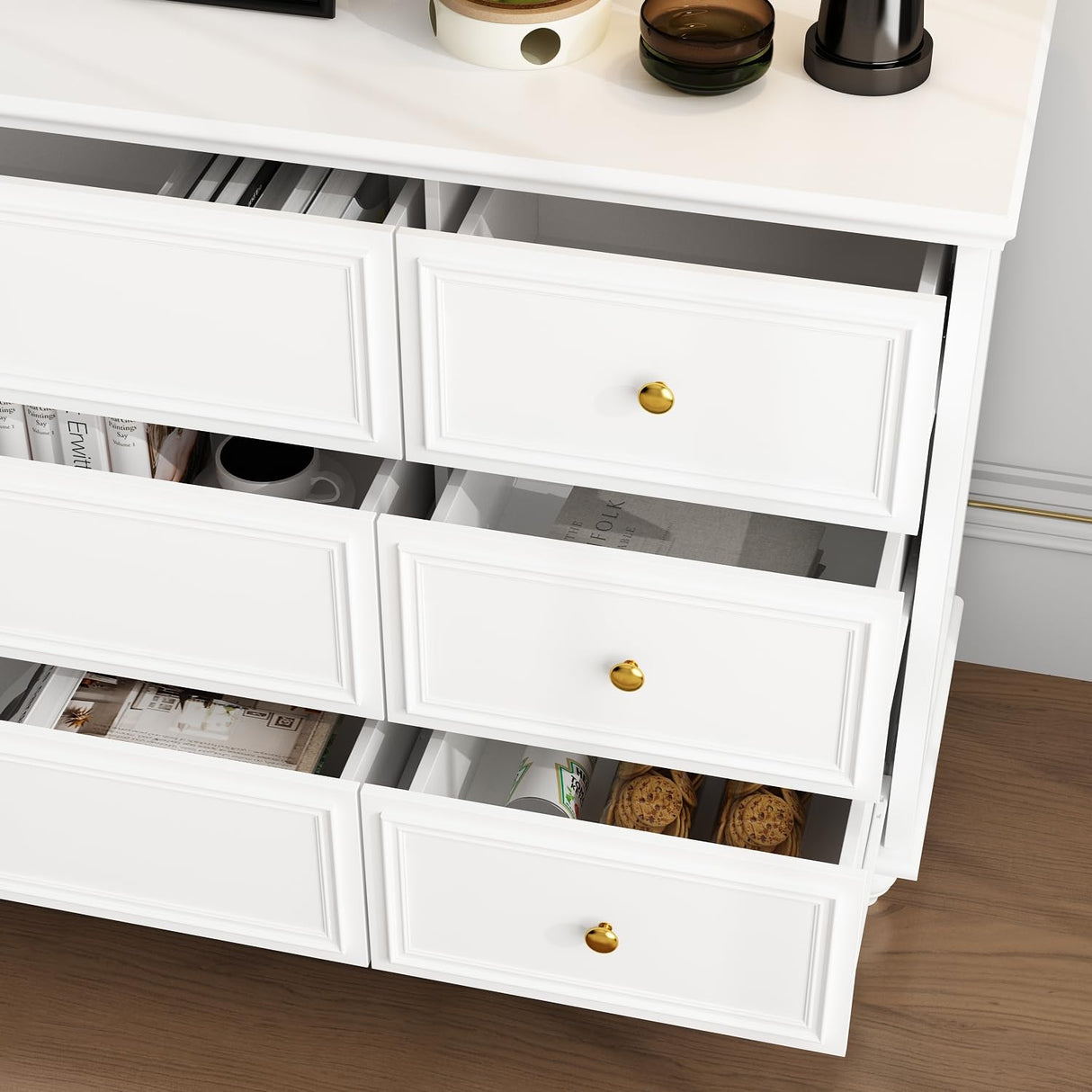 FUNISIR White Dresser 9 Drawer Dresser, Wood Bedroom Dresser, Chest of Drawers for Nursery Storage, Drawer Organizer with Easy Pull Handle for Living Room, Closet, Hallway FUNISIR