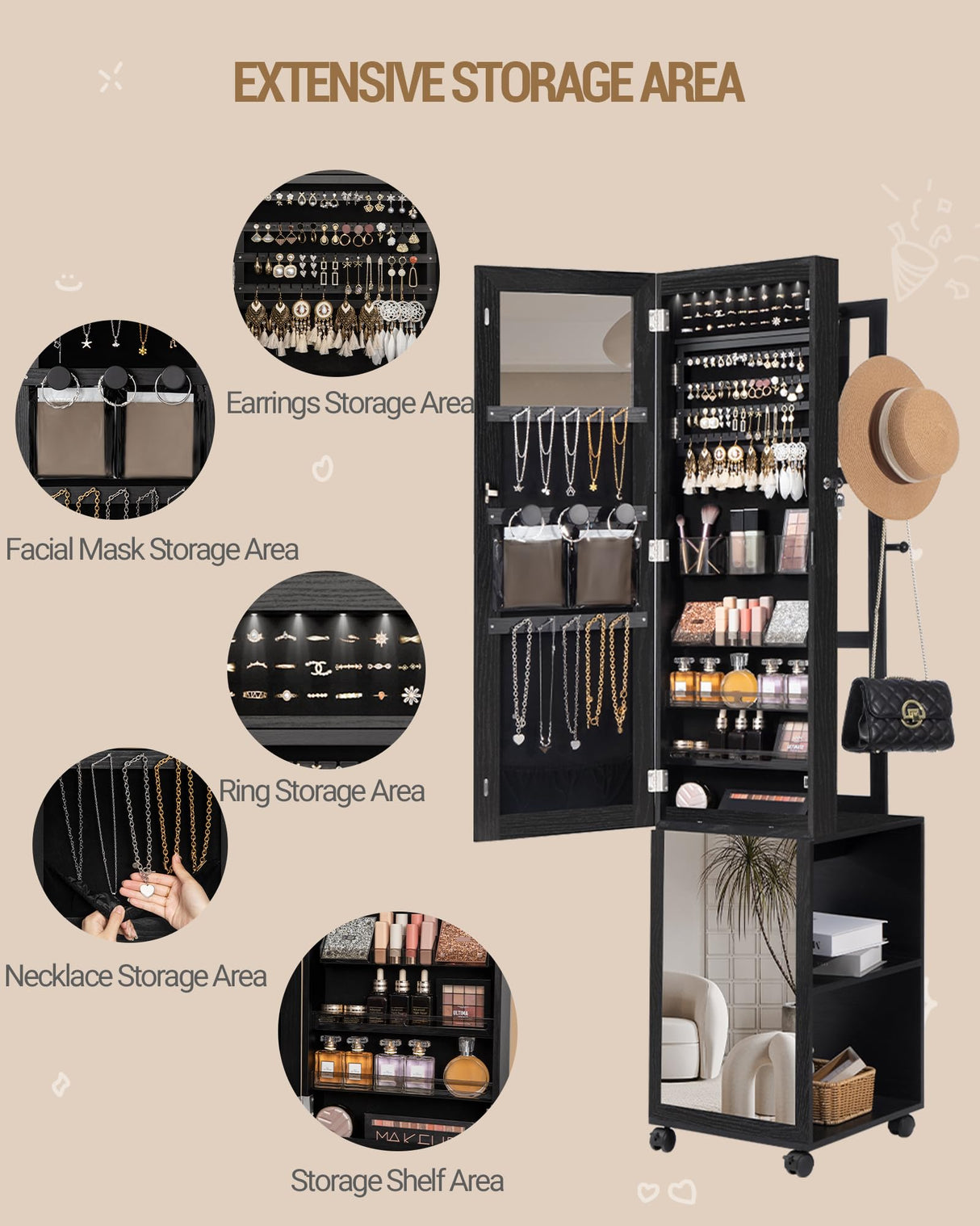 Hzuaneri 8 LEDs Jewelry Cabinet Armoire, 64.8-inch Jewelry Organizer with Garment Rack, Lockable Full-length Mirror with 4 Wheels, Storage Shelves with Hooks, 5-in-1, Black JC17004B Hzuaneri