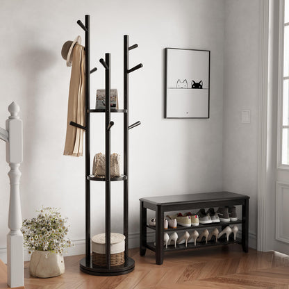 KungFuWood KASLANDI Coat Rack, Solid Wood Rotary Coat Rack Stand, Freestanding Coat Rack with 3 Shelves and 9 Hooks, Sturdy and Easy to Assemble Coat Tree for Entryway, Bedroom, Coats, Bags (Black) 1