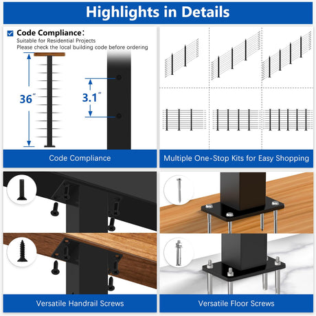 Zylorix 36" One-Stop Black T304 Cable Railing Posts Kit(Flexible DIY), Include 4Pack Level Drilled Line Posts, 177ft 1/8" Wire Rope, Complete Cable Railing System DIY Kit with Cutter(No Handrail) Zylorix