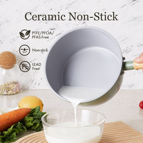 ROCKURWOK Ceramic Nonstick Sauce Pan with Lid, 2 Quart Cooking Pot, Small Saucepan with Steamer, PTFE& PFAS-Free, Wooden Handle for Cool Touch, Universal Base(Gas, Electric & Induction), Green ROCKURWOK