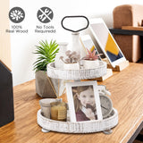 Farmhouse Two Tiered Wooden Tray Stand, UBTKEY 2 Tier Wood Round Decorative Tray with Metal Handle for Home Kitchen Seasonal Holiday Decorations, 17"x13" (Distressed White) UBTKEY