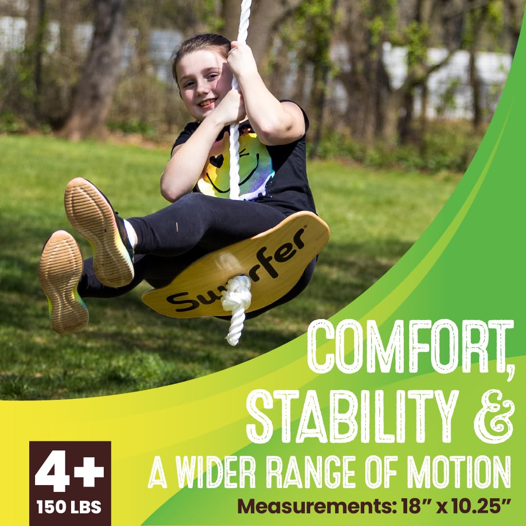 Swurfer Swift - Maple Wood Disc Swing for Kids Ages 4 and Up, Holds up to 150 Pounds - Includes 18" Curved Seat Swing with Heavy Duty Braided Rope, Brown Swurfer