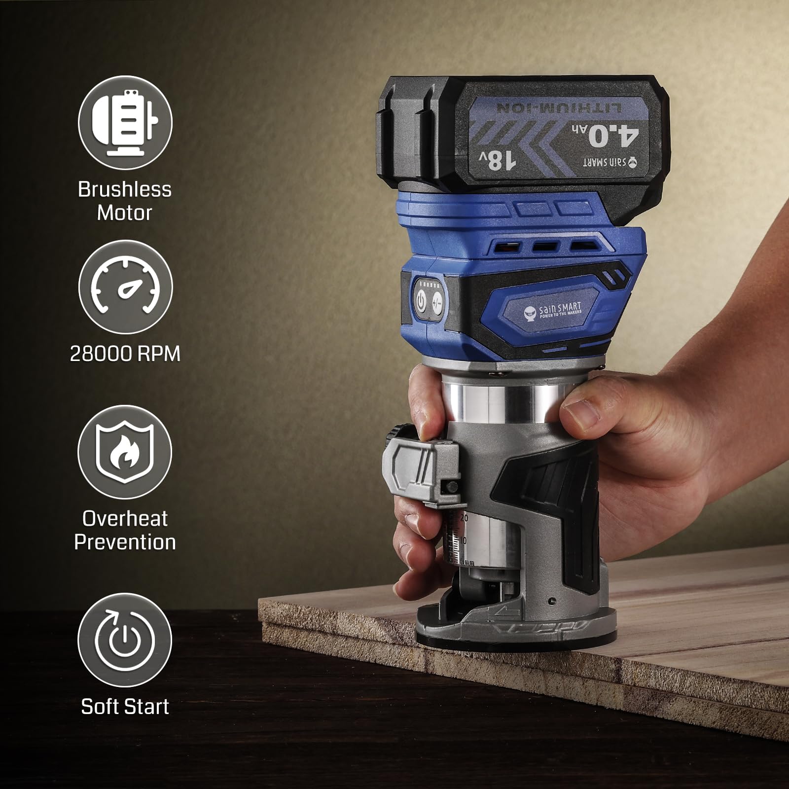 SainSmart Cordless Router With 2PCS Batteries, 18V-21V Brushless Compact Router Wood Tool, Fixed Base, 5 Level Speeds, 28000 R/MIN MAX, with 1/4” Collet, for CNC Woodworking & DIY Project - WoodArtSupply