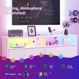 Dresser for bedroom, Fabric White Bedroom Dresser with LED Lights and Charging Station, 6 Long Drawers Dresser, Tall Wide Chest of Drawers Storage Organizer TV Stand for up to 60" TV for Living Room SOOWERY