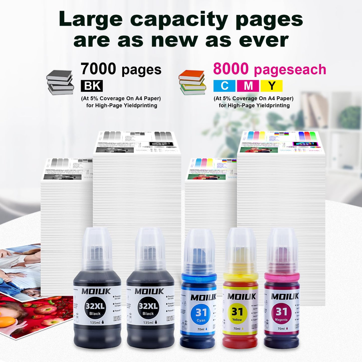 High Capacity Compatible with HP 31 32XL Ink Refill Bottles Set for HP Smart Tank 7301, 7602, 5000, 6001, 5101 5102 Plus 651 551 455 457 450 All-in-One Ink-Tank (5 Bottles: 2BCMY)