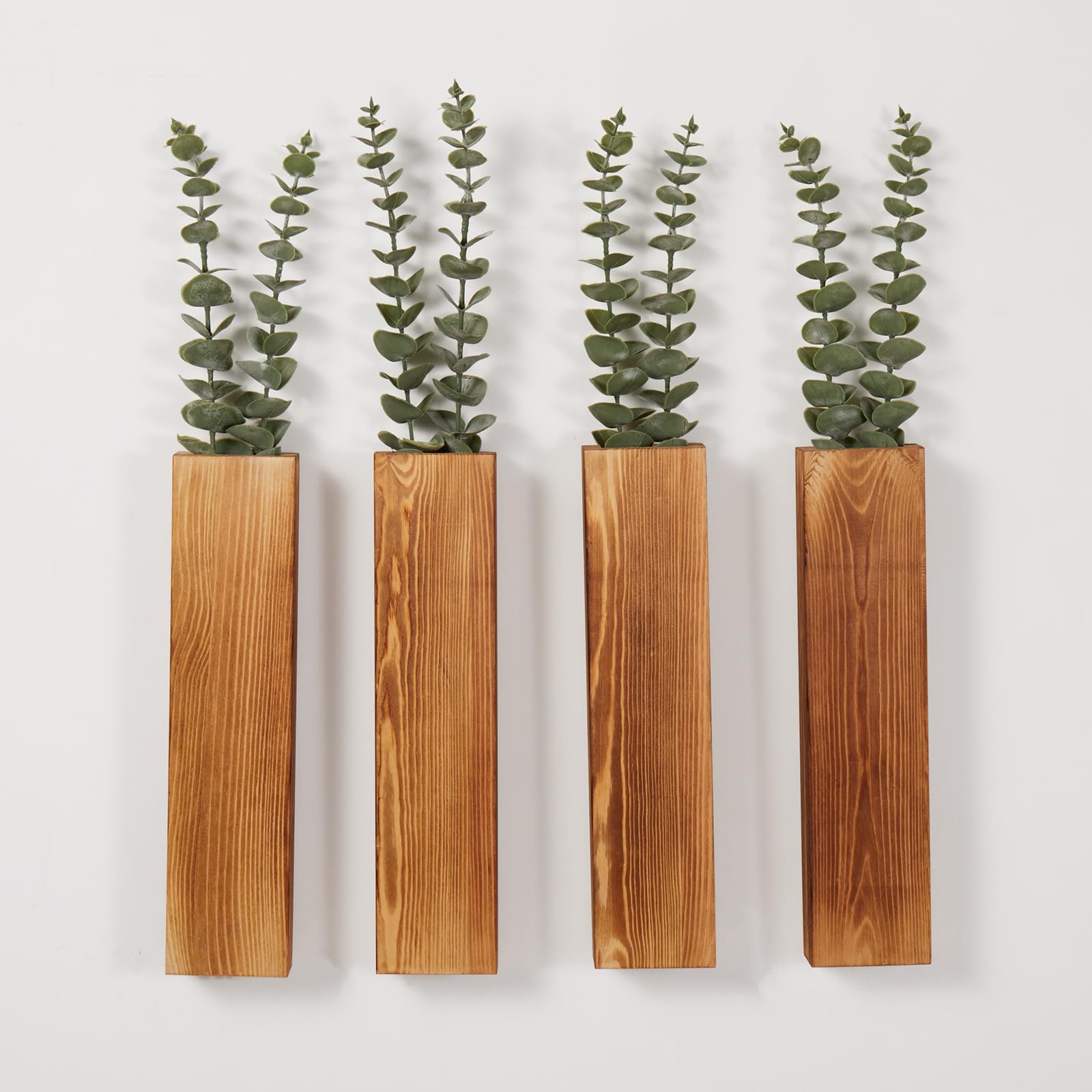 Mokof Wood Wall Planters with Artificial Eucalyptus, Modern Farmhouse Wall Decor for Living Room, Bedroom, Bathroom, Wooden Pocket Hanging Wall Vase with Faux Plant Decor (4 Pack) - WoodArtSupply