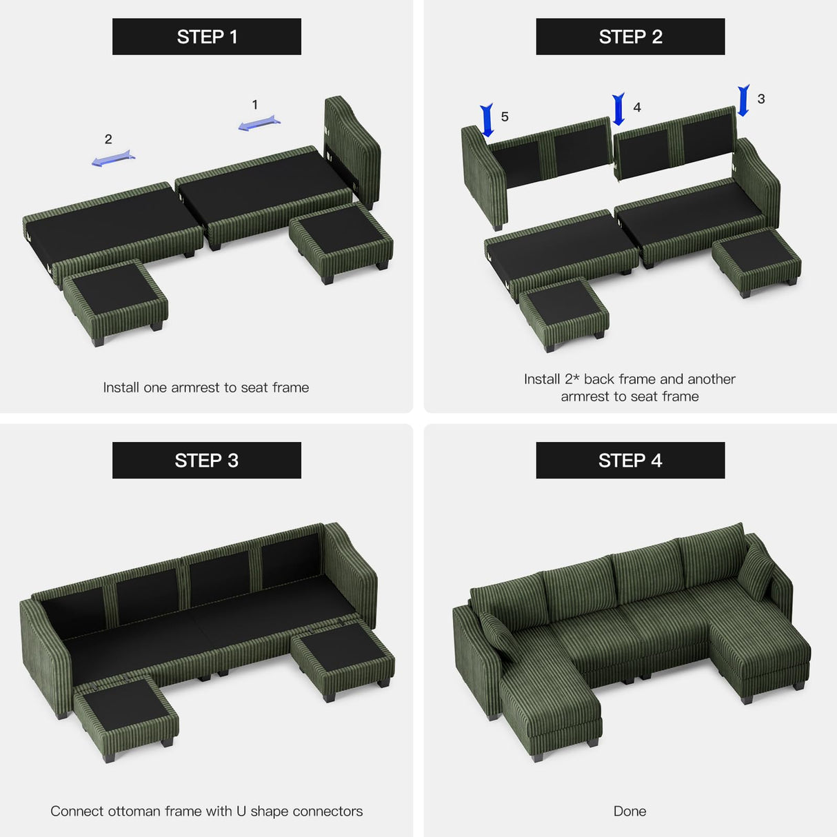 Belffin U Shaped Couch with Reversible Chaises Sectional Couches for Living Room Sectional Couch with Ottomans Corduroy (Green, U Shaped) Belffin