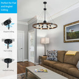 XINGQI 31.5" Wagon Wheel Chandeliers Large Modern Farmhouse Light Fixture, Black & Wood Grain Finish 6-Light for Dining Room Living Room Office XINGQI