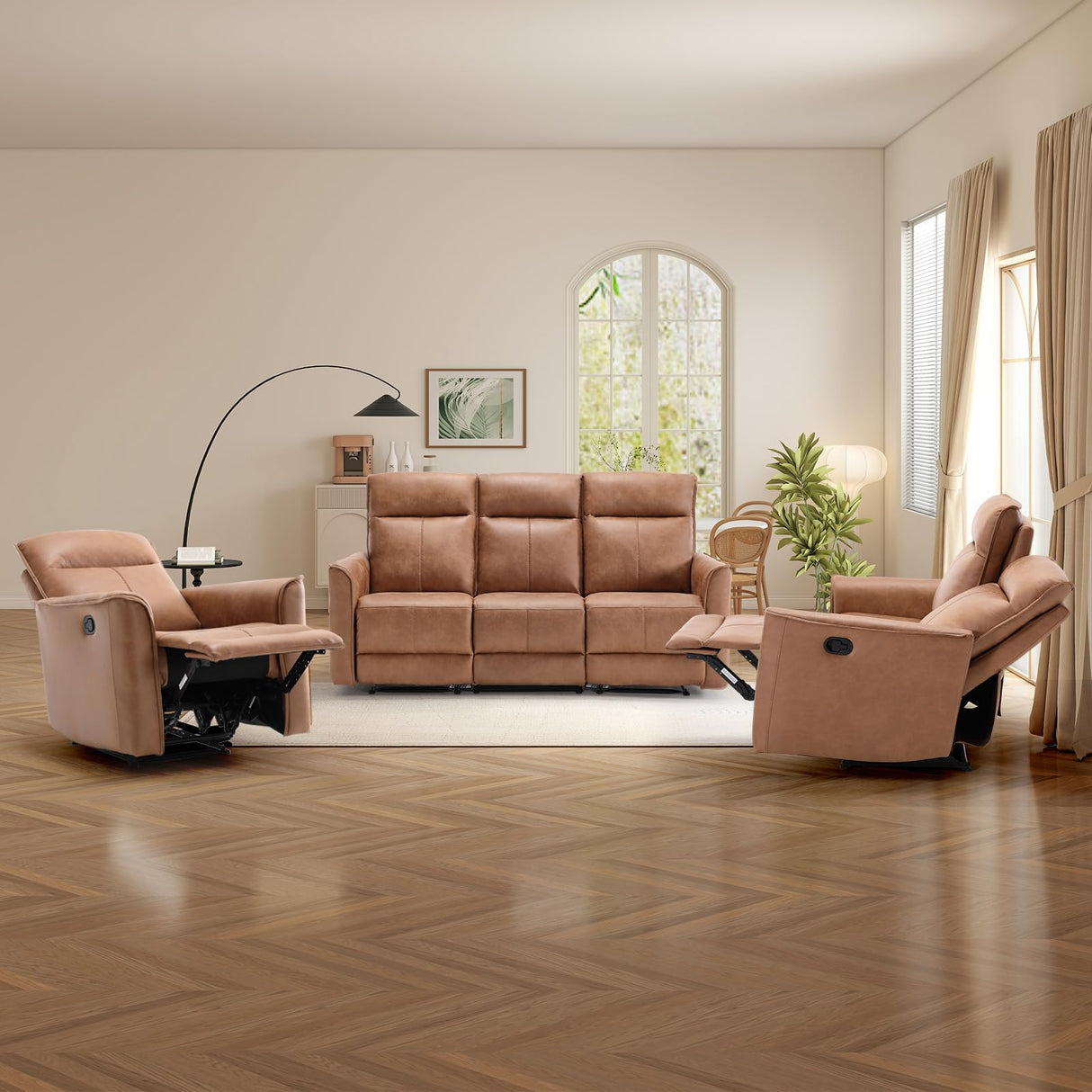 CANMOV Manual Loveseat Recliner Sofa Set, Wall-Hugger Reclining Living Room Furniture Set, Leathaire 2-Seater Recliner Chair and 3-Seat Reclining Sofa Couches for Office, Villa, Brown(Loveseat+Sofa) CANMOV