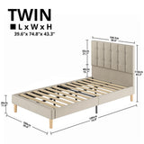 LIKIMIO Twin Bed Frames, Velvet Upholstered Platform Bed Frame with Headboard and Strong Wooden Slats, No Box Spring Needed/Noise-Free/Easy Assembly, Beige LIKIMIO