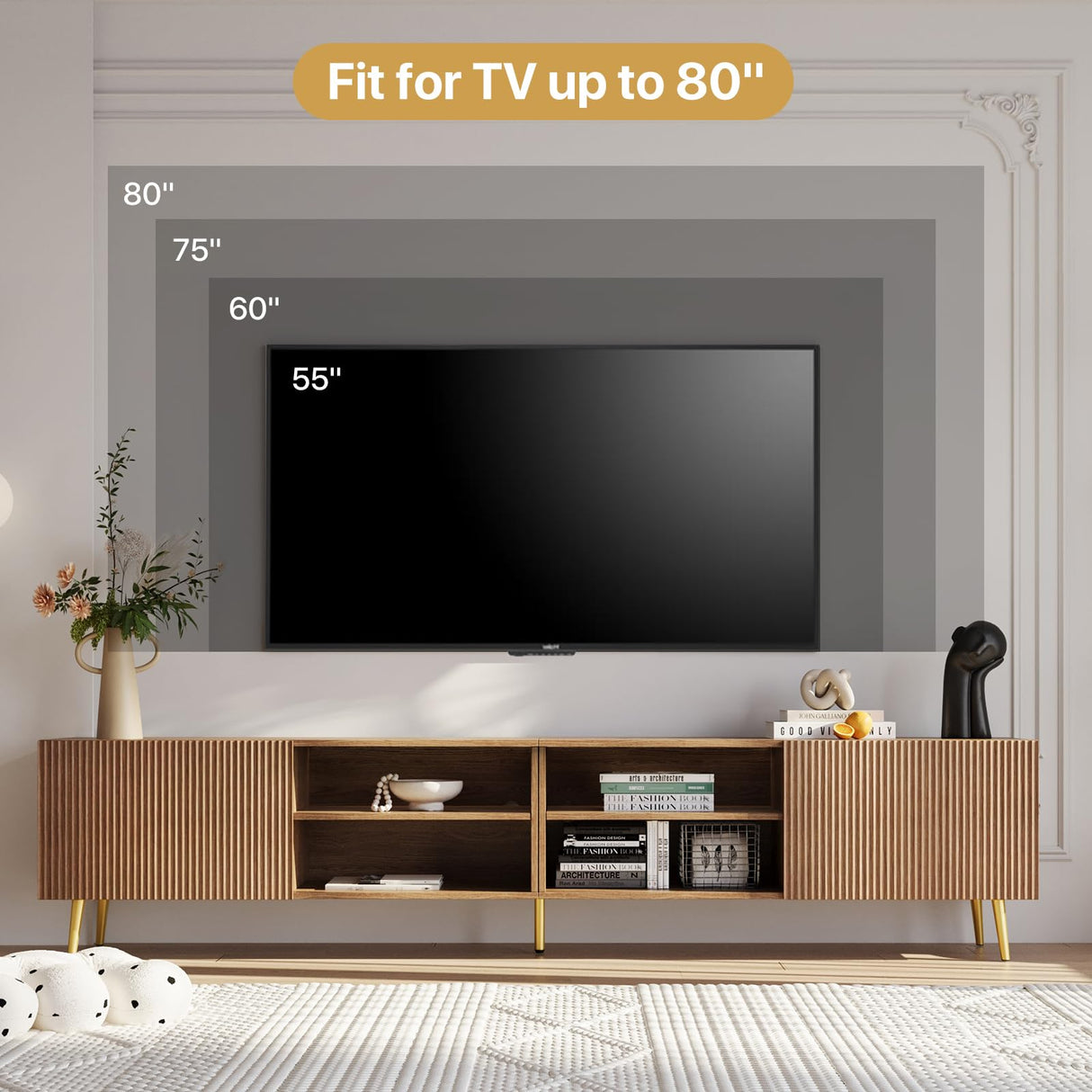 KIMOLST Modern 86in TV Stand for Living Room, Fluted Design Entertainment Center with Adjustable Shelves,Media TV Console Table with Storage for Bedroom,Natural KIMOLST