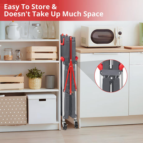 Towallmark Portable Folding Service Cart, 3 Tier Folding Utility Cart, Collapsible Utility Carts for Office, Warehouse, and Home, 56 Lbs Load Capacity per Shelf (Grey & Red) Towallmark