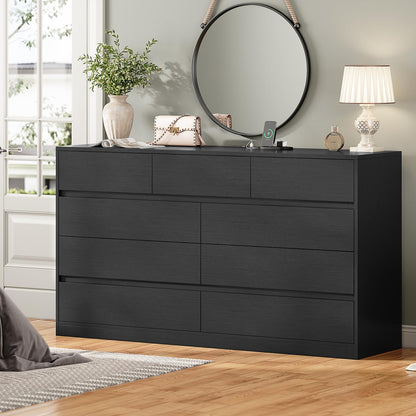 AOGLLATI Black Dresser for Bedroom, 55.1" Long Dresser with 9 Drawers, Dressers & Chest of Drawers with Charging Station Handle Free, Large Wooden Wide 9 Drawer Dresser for Bedroom Living Room,Black