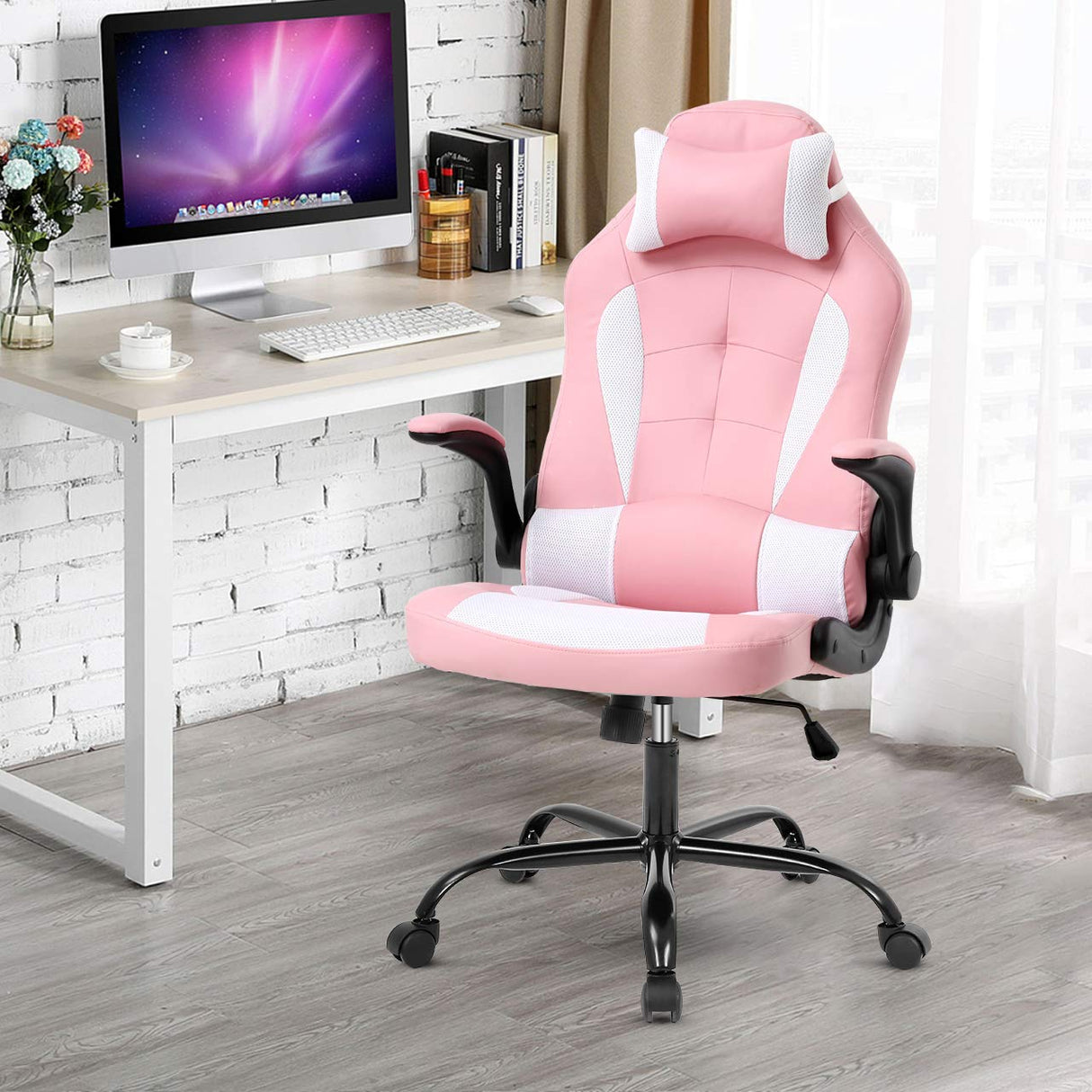 Meet perfect Pink Gaming Chair for Adults, Ergonomic Computer Chair w/Flip Up Armrest and Lumbar Support Adjustable Office Gamer Chair with 360° Swivel Seat and Headrest, 250lb Capacity Meet perfect