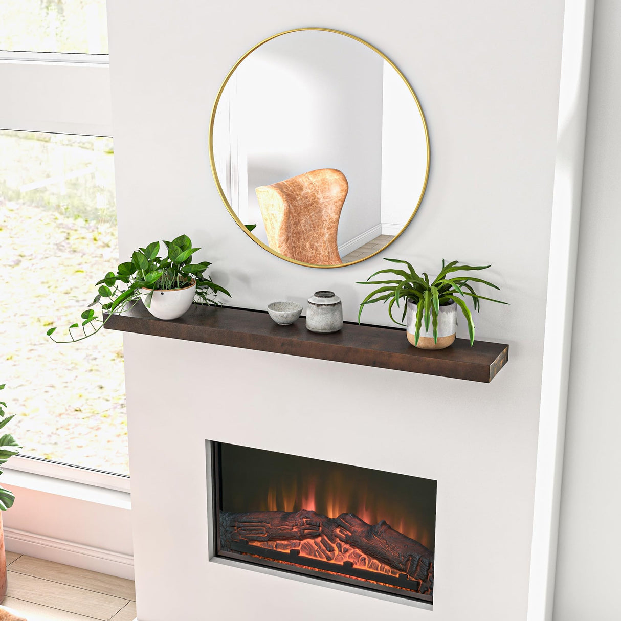 HOMCOM 48 Inch Fireplace Mantel, Floating Farmhouse Solid Fir Wood Shelf, Handmade Heavy Duty Wall Mounted Shelf, with Metal Bracket, Walnut Brown HOMCOM