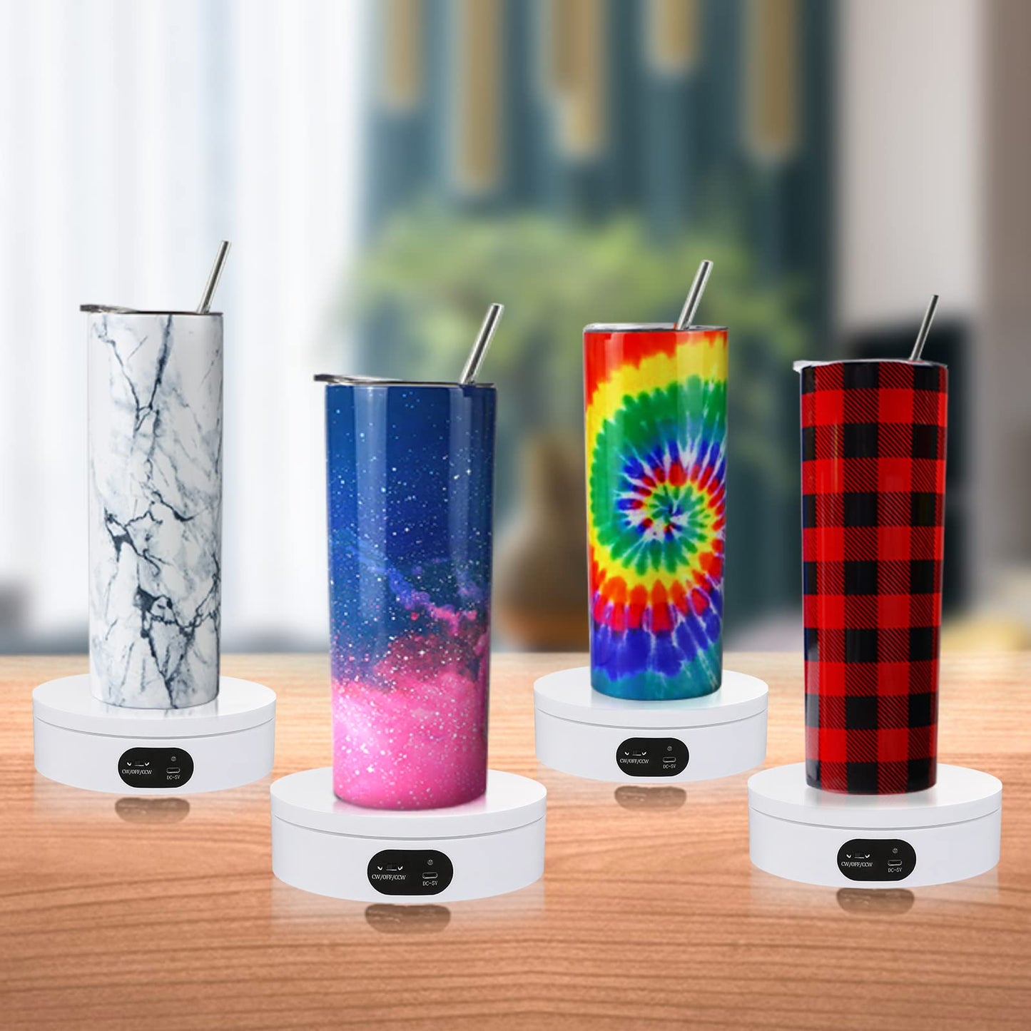 USLINSKY Exhibition Stand for Sublimation Tumbler, 360° Automatic Mute Rotating Revolving Platform 12oz, 20oz&50oz Heat Press Blanks Tumblers Skinny Straight, Cup(White), White-01 (ZT-001)