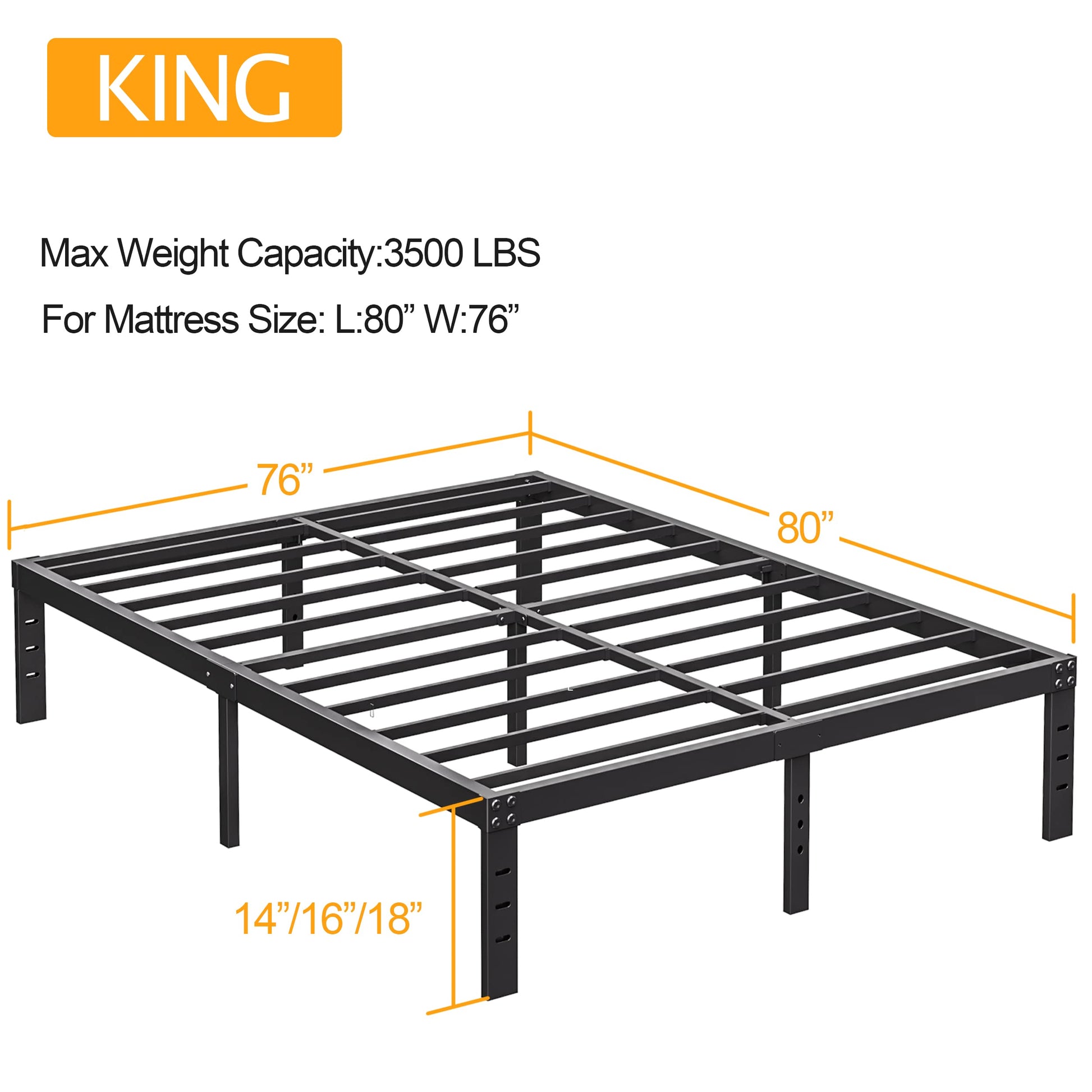 COMASACH Heavy Duty King Bed Frame - 14" Black Metal Platform, Noise-Free, Easy Assembly, Supports Up to 3500lbs - WoodArtSupply