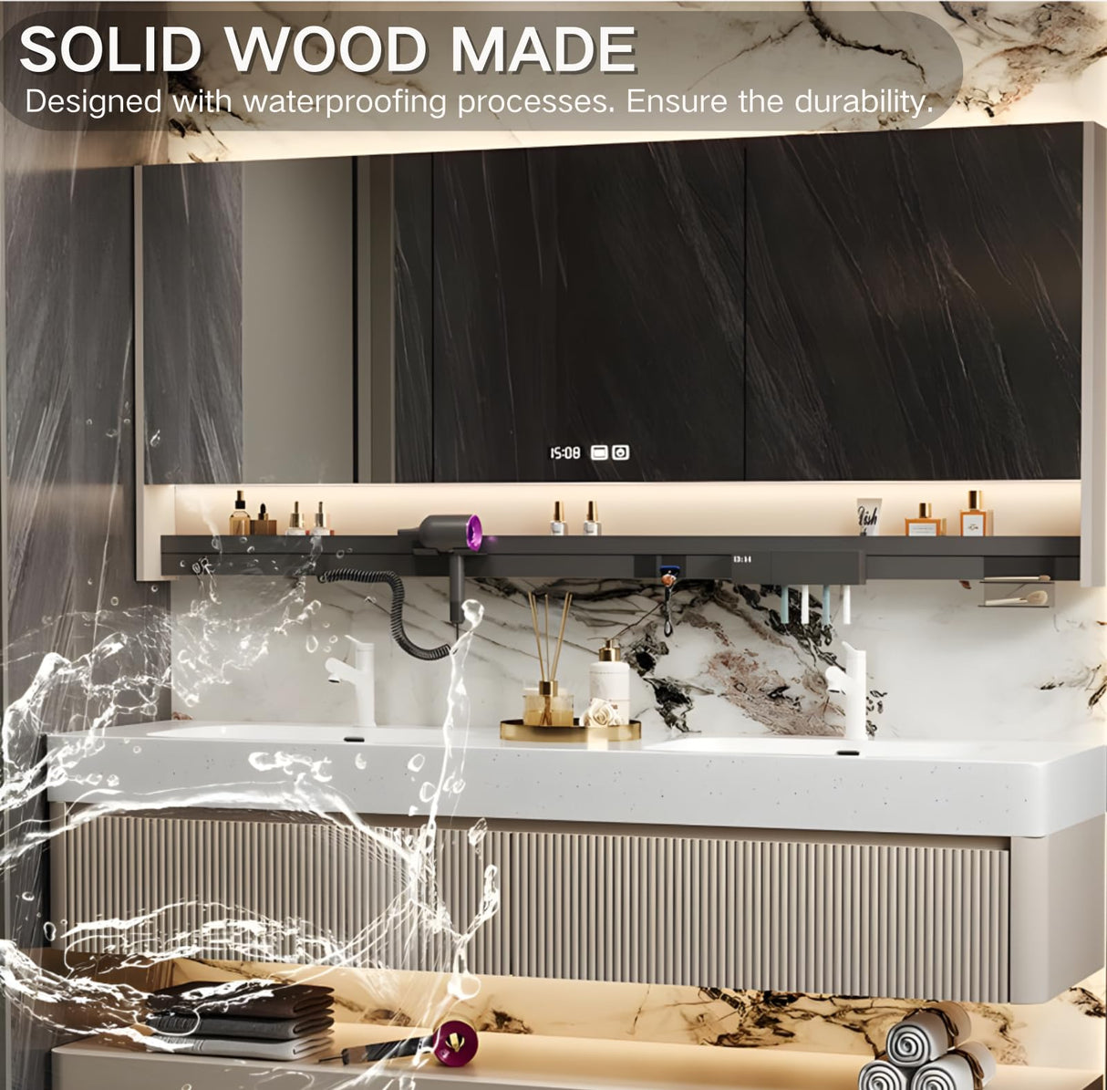 Bathroom Vanity with Double Sink, 60" Modern Bathroom Vanity Cabinet with Anti-Fog LED Mirror Cabinet, Solid Wood Floating Vanities with Dual Sink, Wall Mounted Bathroom Sink Vanity - Black Striped LUTHXAY