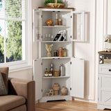 67''H Tall Corner Cabinet with 4 Tempered Glass Doors and Barn Doors, Farmhouse Storage Cabinet with 5 Adjustable Shelves, Home Pantry Hutch for Kitchen, Dining Living Room, Bathroom, Antique White FiveWillowise