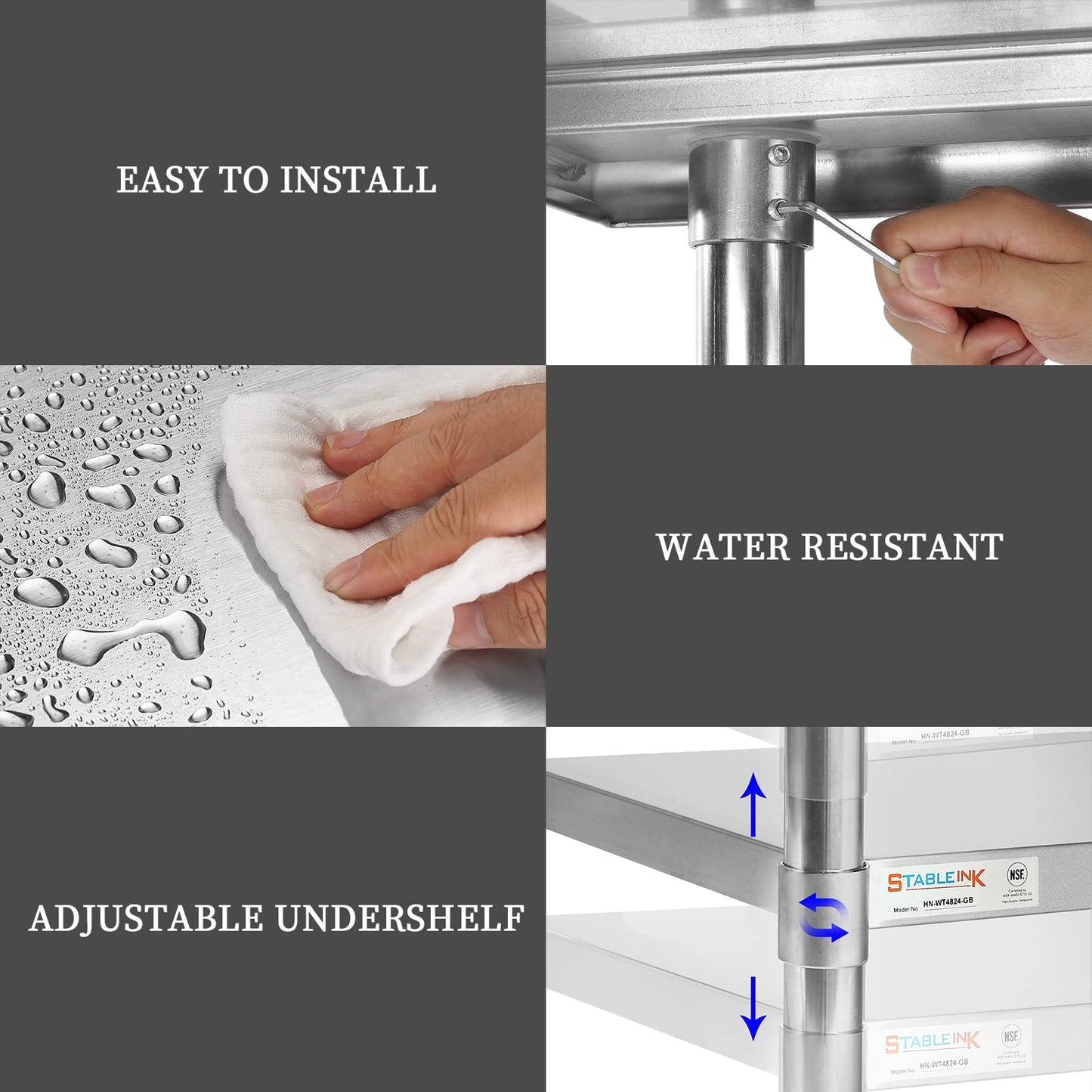 STABLEINK NSF Stainless Steel Table, 24 x 36 Inches Metal Prep & Work Table with Adjustable Undershelf, for Commercial Kitchen, Restaurant, Hotel and - WoodArtSupply