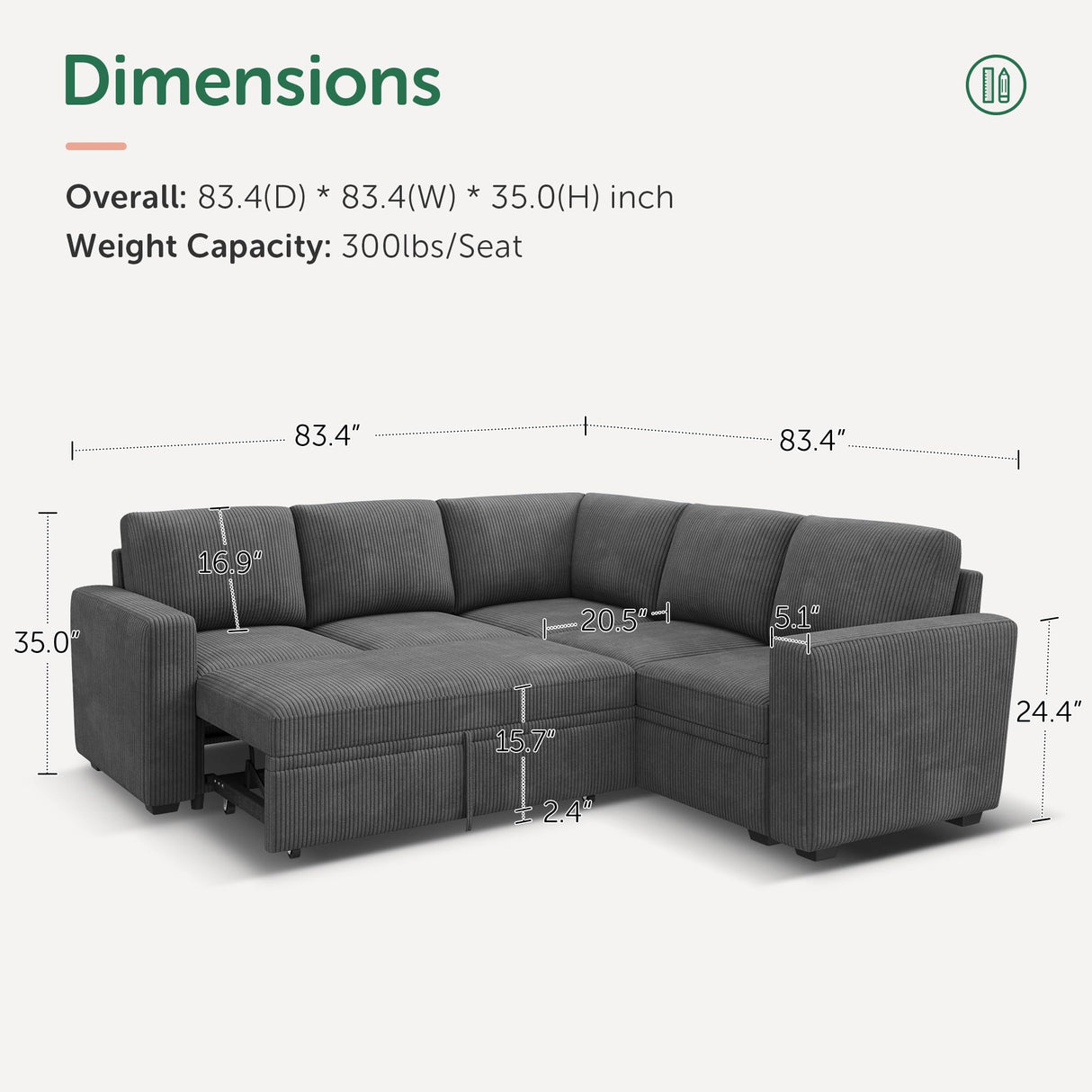 HONBAY Modular Sectional Sleeper Sofa with Pull Out Bed, Corduroy L Shaped Couch with Storage Seats, Convertible Sectional Couches for Living Room, Dark Grey HONBAY