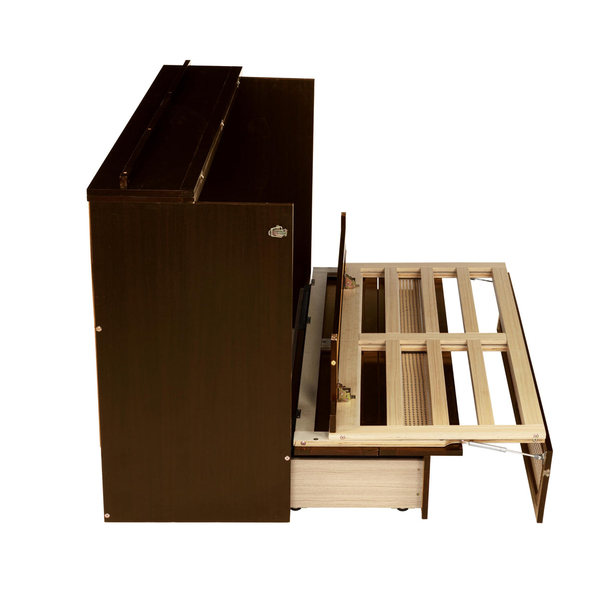 Ball & Cast Hideaway Cabinet Bed Queen Size,Wood Rattan Murphy Bedframe with Storage Drawer,Wall Platform can be Folded up,Space-Efficient Design,for Apartment,Bedroom,Walnut Ball & Cast