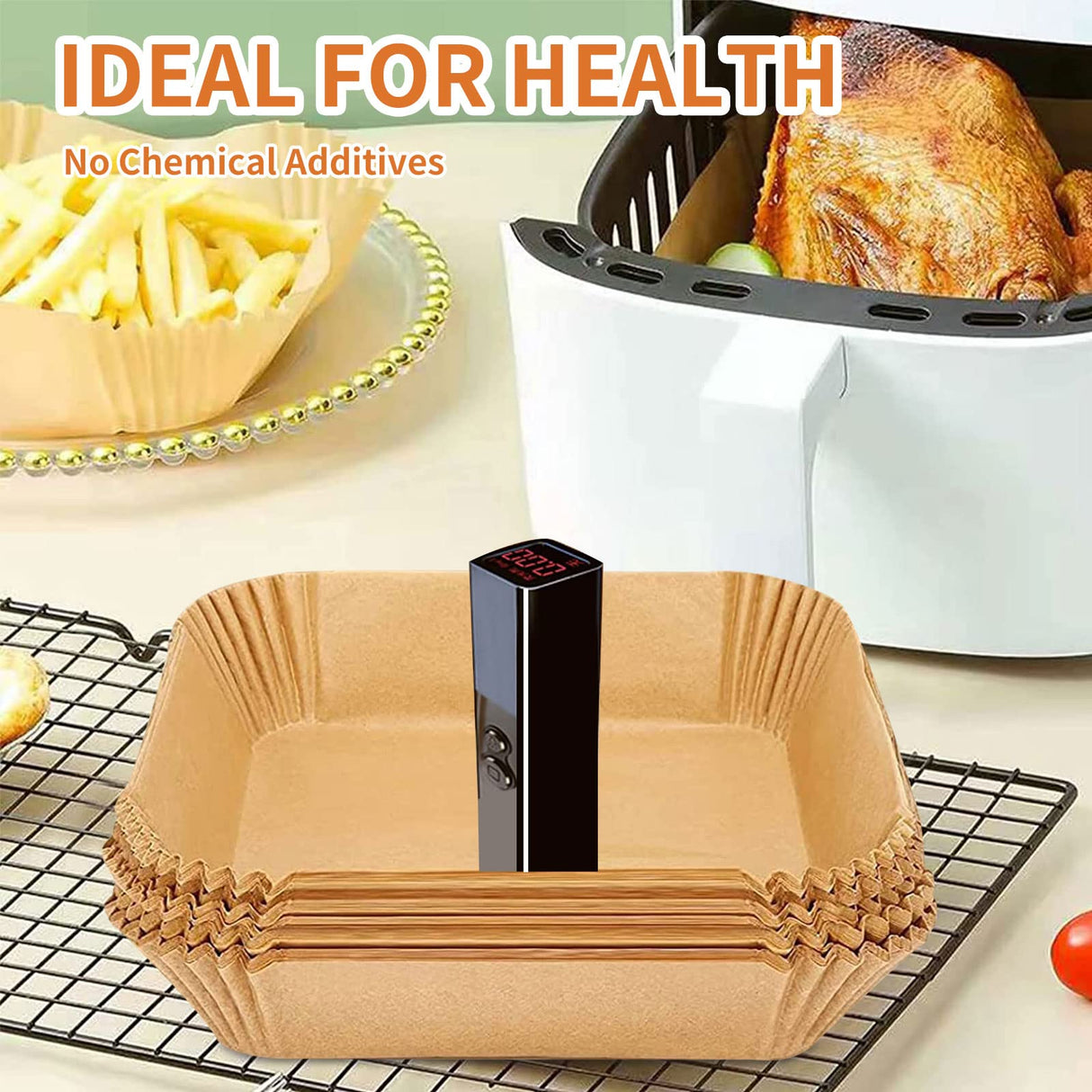Air Fryer Liners Disposable Square, 100PCS 7.9 INCH Airfryer Liners, Natural Non-stick Parchment Paper for Air Fryer Oil-proof Water-proof, Paper liners for air fryer, Steamer, Baking, Microwave Etc GOFFUGT